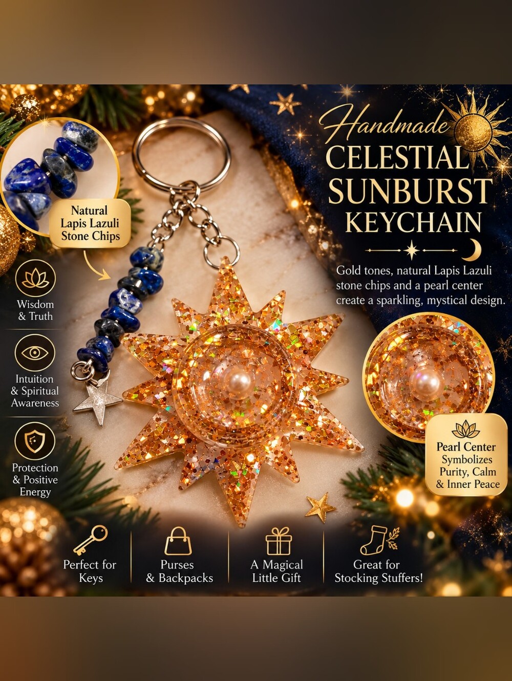 Handmade Celestial Sunburst Keychain with Lapis Lazuli - Gold